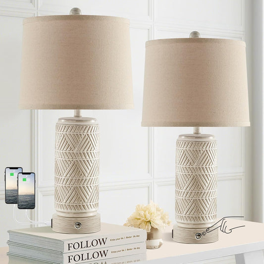 RORIA Set of 2 Rustic Touch Ceramic Table Lamps for Living Room, 3-Way Dimmable Nightstand Lamp with Dual USB Charging Ports, Linen Shade Bedside Bedroom Table Lamp, Bulbs Included