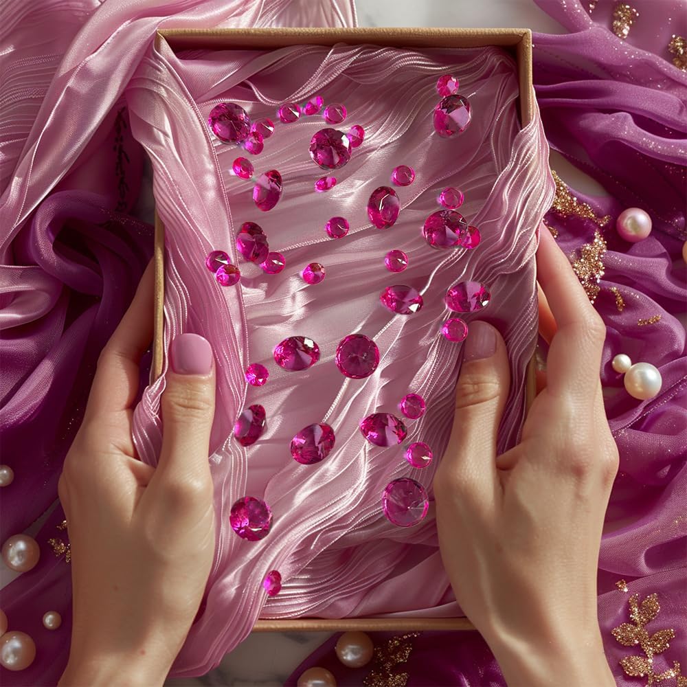 HappyFiller 720 Pcs Fuchsia Acrylic Diamonds Gems for Wedding Decorations Table Scatters,Vase Fillers, Treasure Gemstones,Bridal Shower,Floral Home Centerpieces,Party Favor,14 OZ,0.8/0.4 Inch Mix