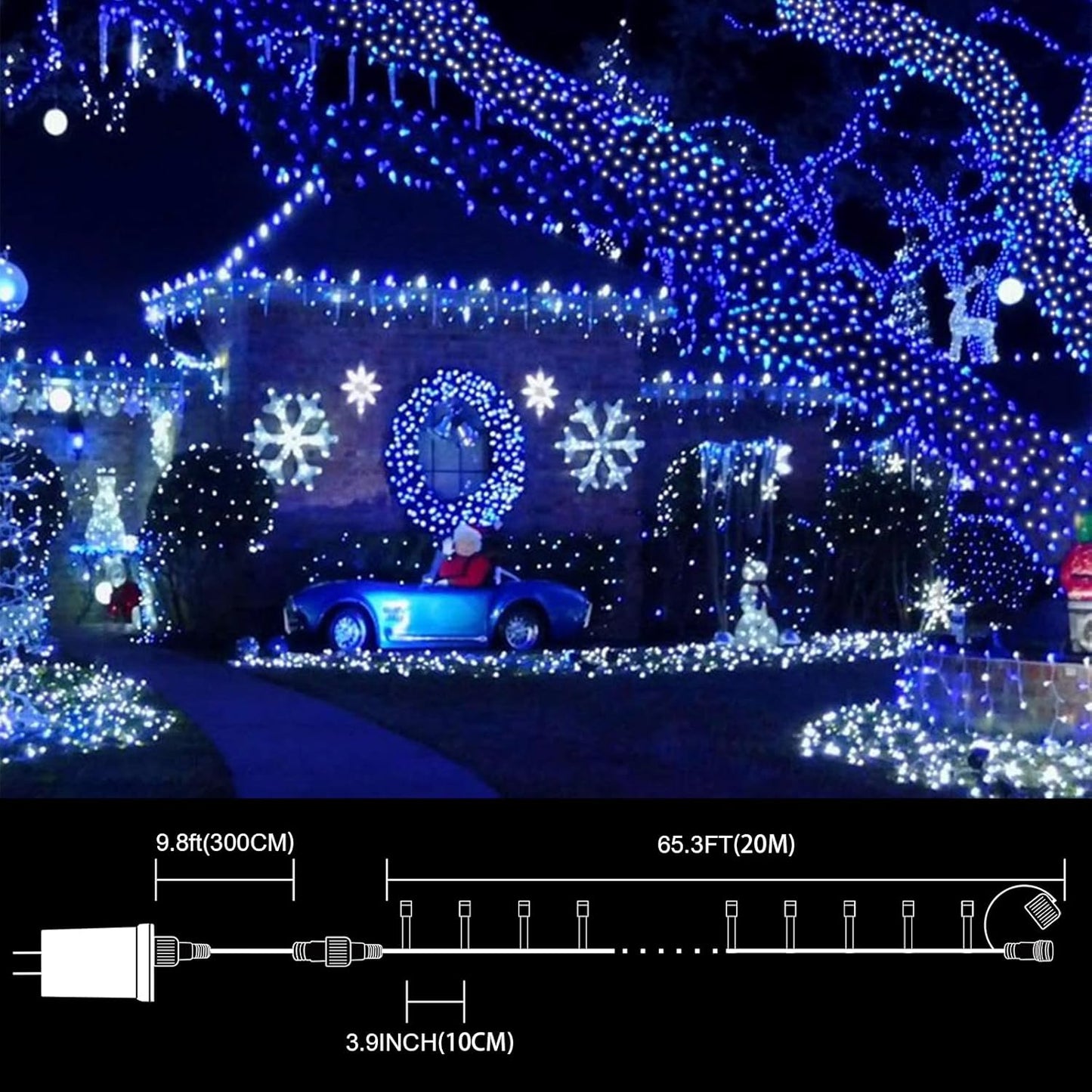 LAMPHOME 66ft Christmas Decorative Mini Lights, 200 LED Transparent Wire Fairy Starry String Lights Plug in, 16 Lighting Modes for Indoor Outdoor Xmas Tree Wedding Party Decoration (White +Blue)