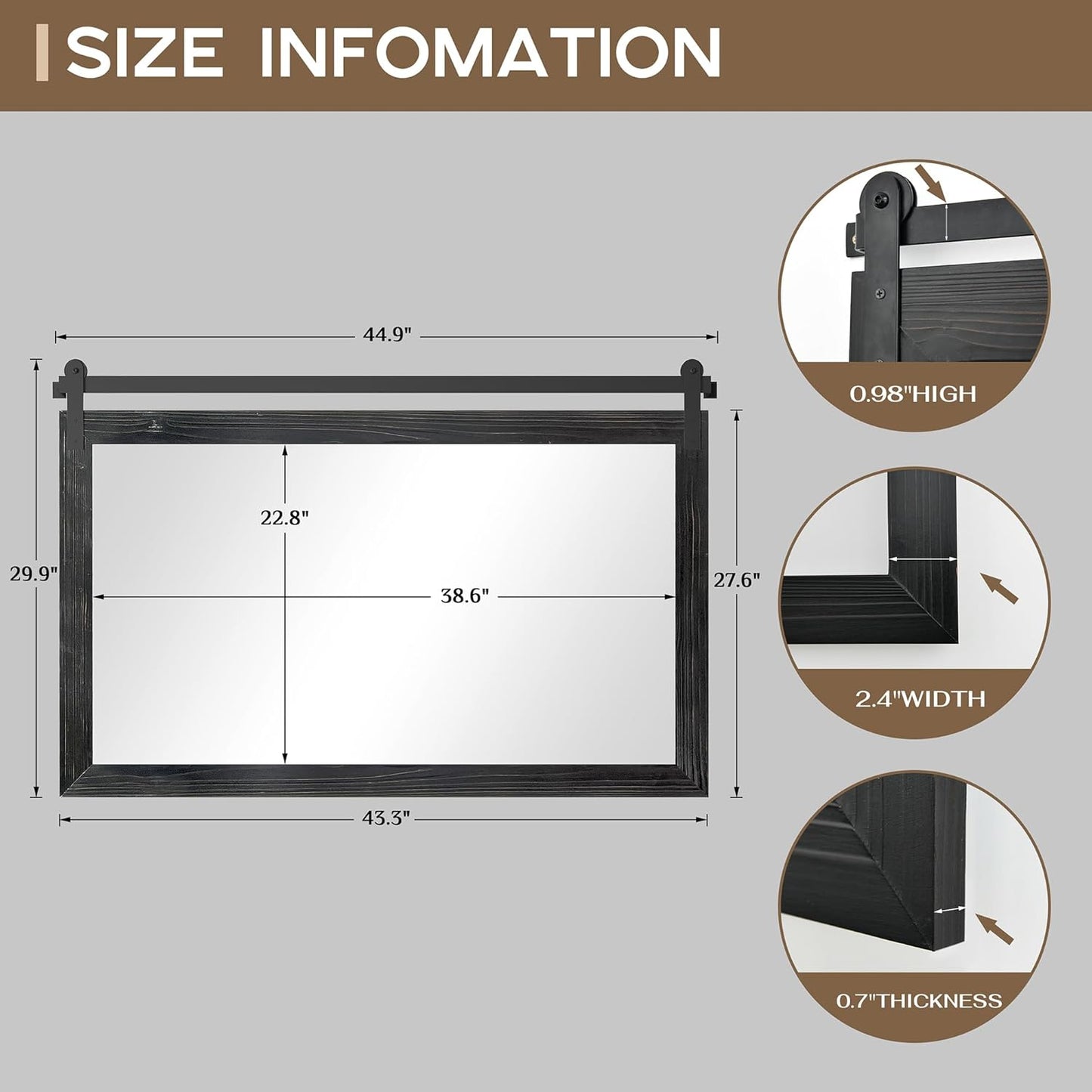 COGOOD Farmhouse Bathroom Mirror - 45 x 30 Large Rectangle Barn Door Mirror for Vanity, Bedroom, Living Room Wall Decor (Black)