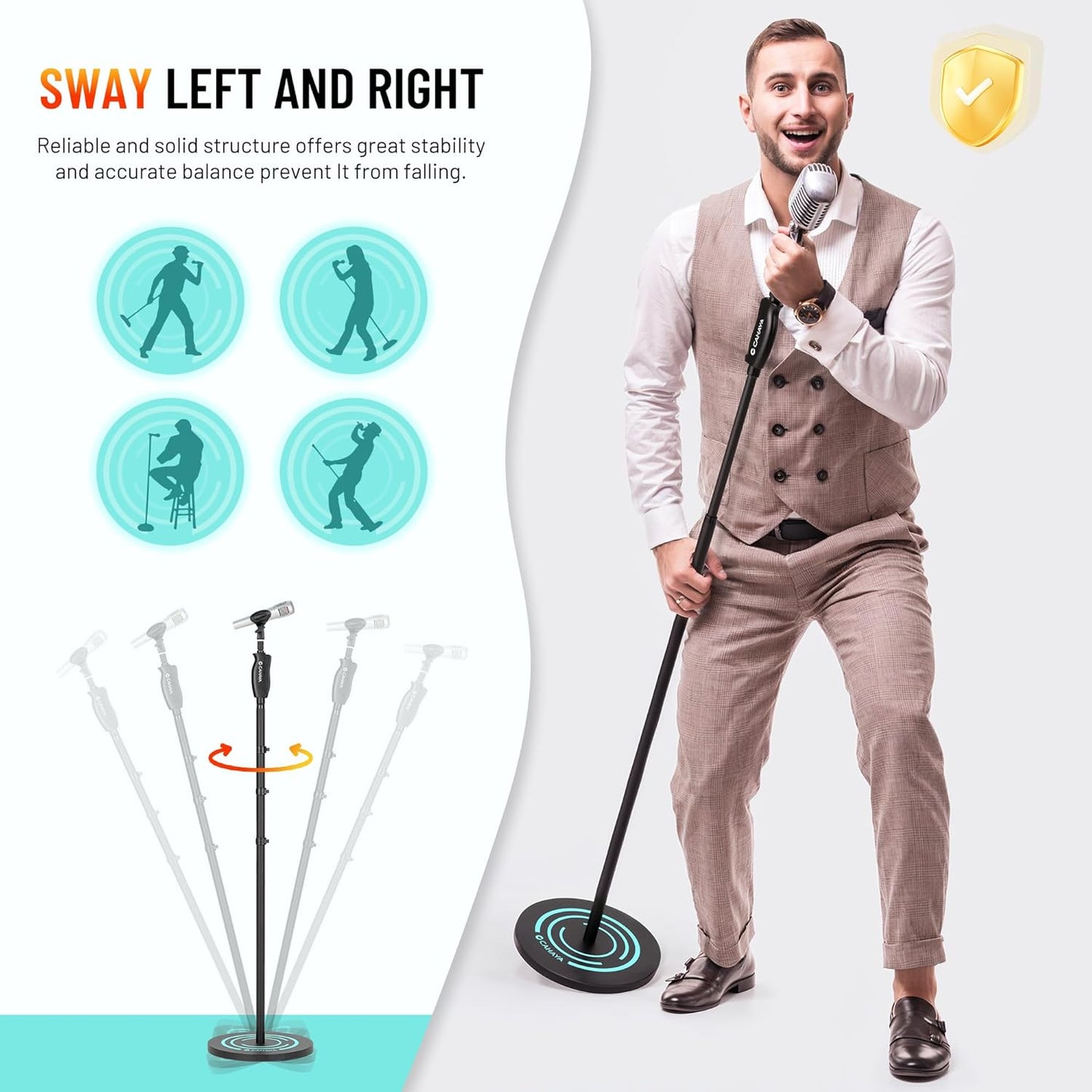 CAHAYA Microphone Stand Floor Universal - Metal Mic Stand with Weighted Round Heavy Base Mic Stands Adjustable Height with Phone Holder Mic Floor Stand with 2 Mic Clips and 3/8'' to 5/8'' Adapter