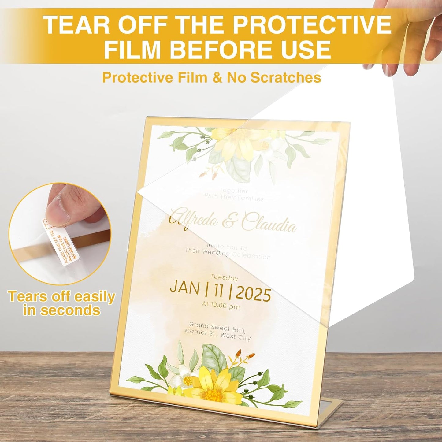 EHWINE 12 Pack Acrylic Sign Holder 4 x 6, Gold Picture Frame Stand up Table Top Sign Holders, Slanted Back Paper Holder Clear Display Stand Menu Flyer Holder for Wedding Party