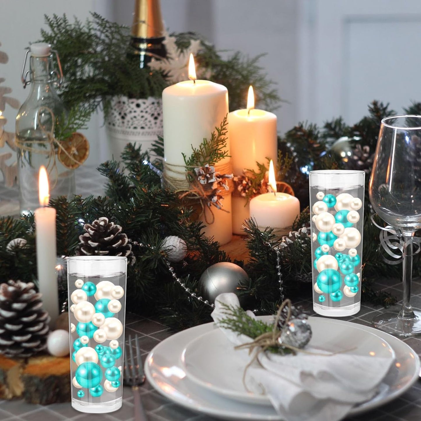 100PCS Teal White Faux Pearls Beads for Centerpiece Vases, Vase Filler Faux Pearls, No Holes Filler Beads for Party Anniversary Birthday Wedding Table Decor, 14/20/30mm