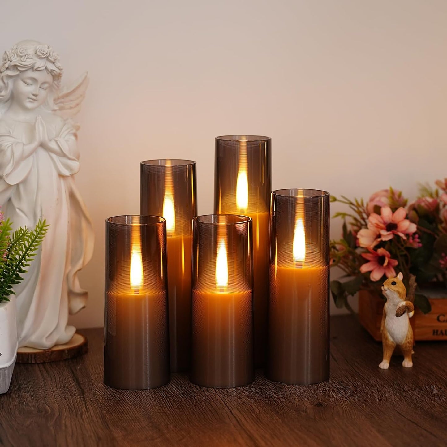 Flameless LED Candles, Upgraded Realistic Flickering Flame Battery Operated Candles with Remote Timer, Acrylic Electric Set of 5 for Romantic Ambiance and Home Decoration（Grey）