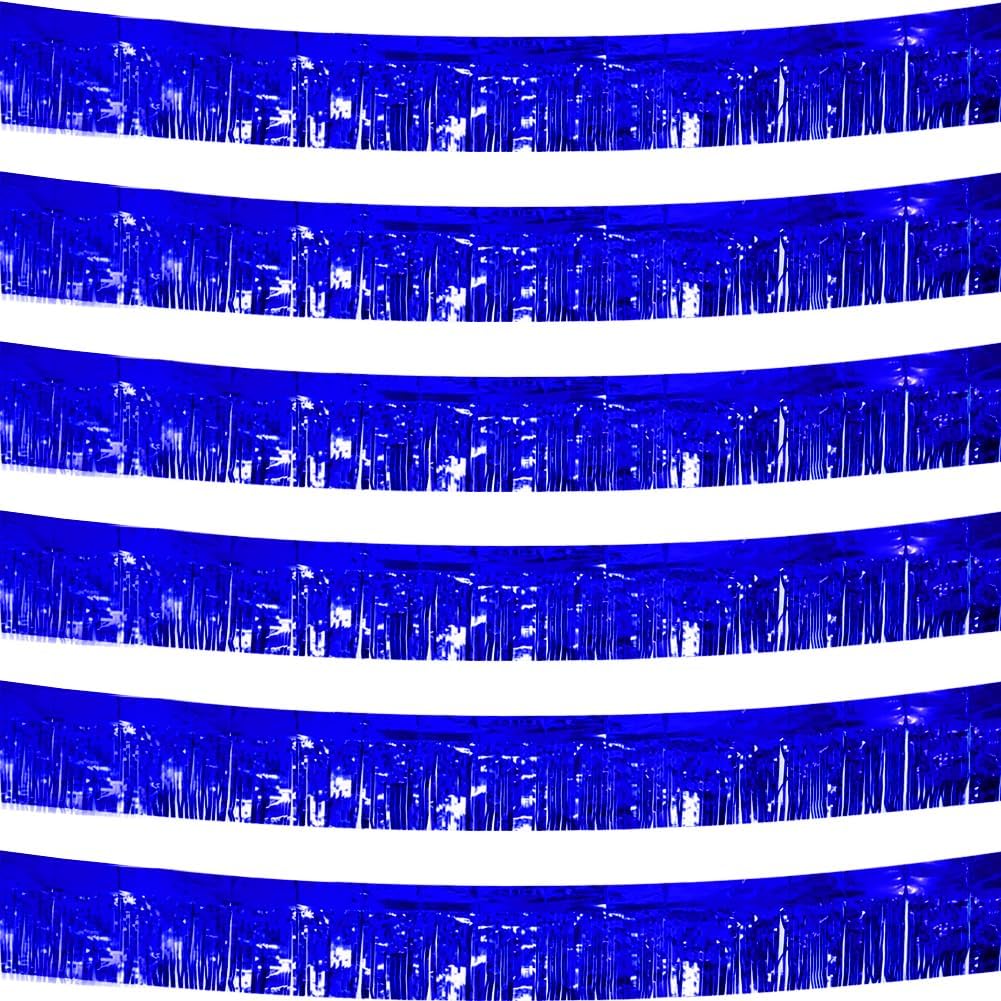 6 Pack Royal Blue Total 60 Feet Foil Fringe Garland Metallic Tinsel Banner Wall Hanging Drapes Parade Float Skirting Decorations for Trailer Mardi Gras Party Birthday Wedding