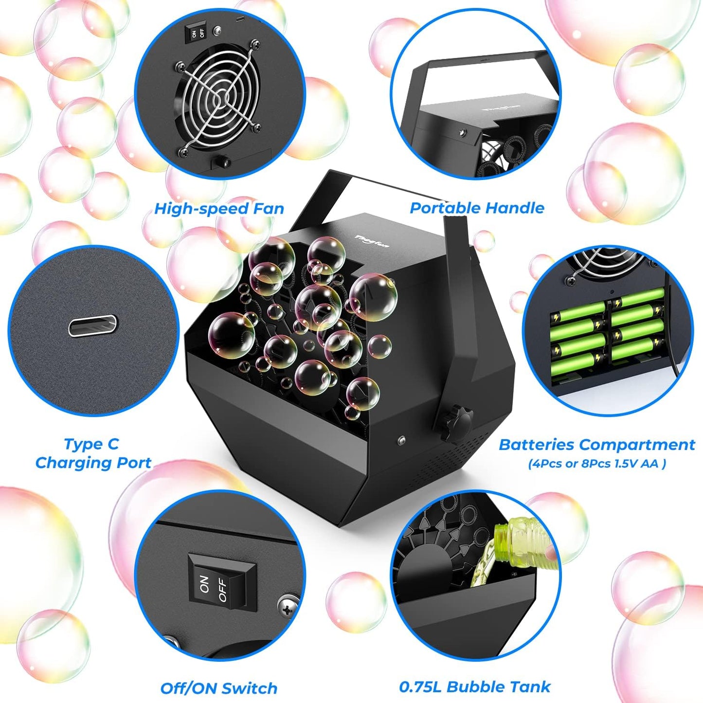 Theefun Bubble Machine: Remote Control 750ML Metal Bubble Blower Wireless USB Plug-in or 4 Batteries Operated High Bubble Output Automatic Bubble Maker for Party Wedding Birthday Indoor Outdoor Use