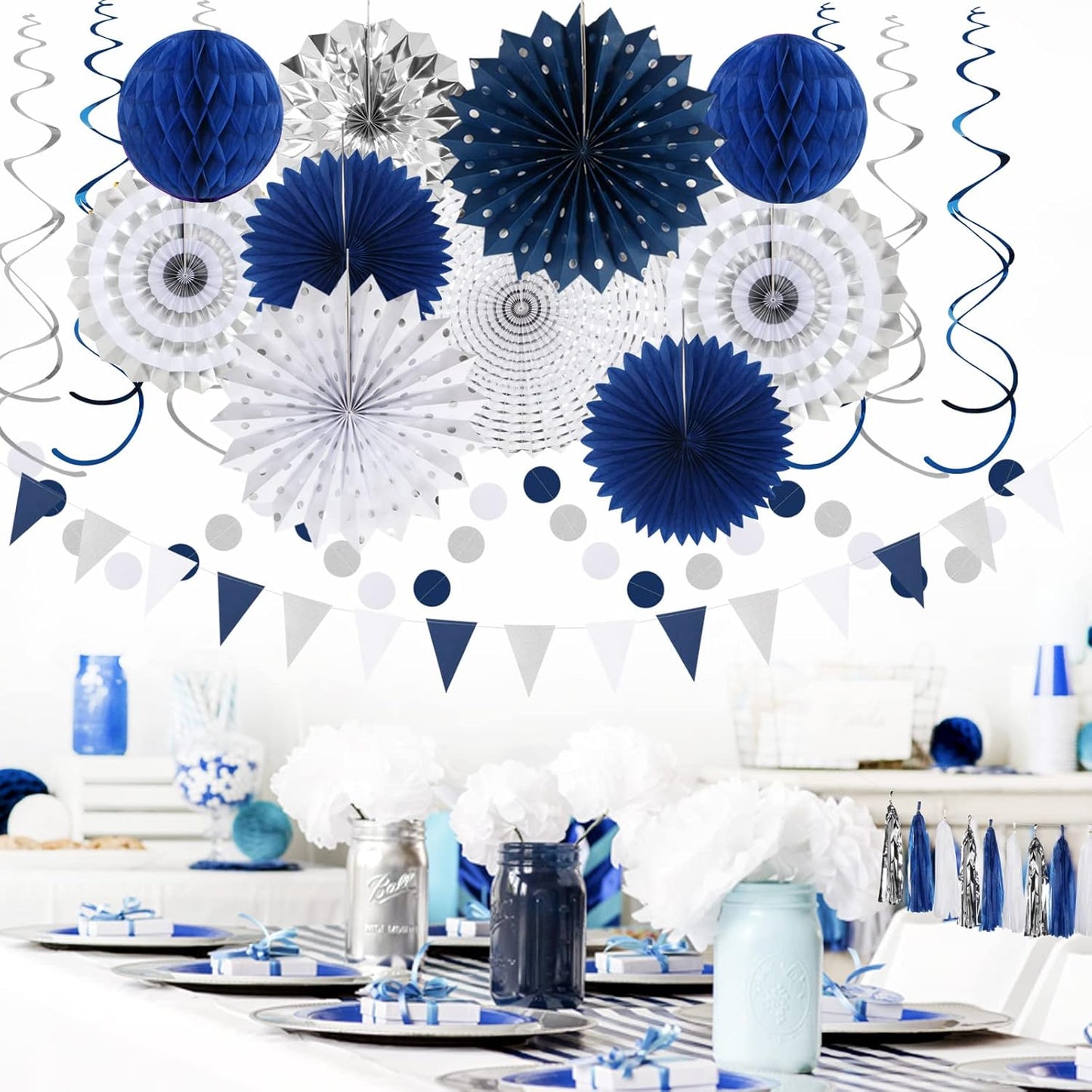Navy-Blue White-Silver Graduation Party-Decorations - 33pcs Kits Banner, Streamers Tassel Garland,Tissue Pom Poms Honeycomb, Paper Lantern Fans,Wedding Birthday Baby Shower Backdrop Decor Hugtmr