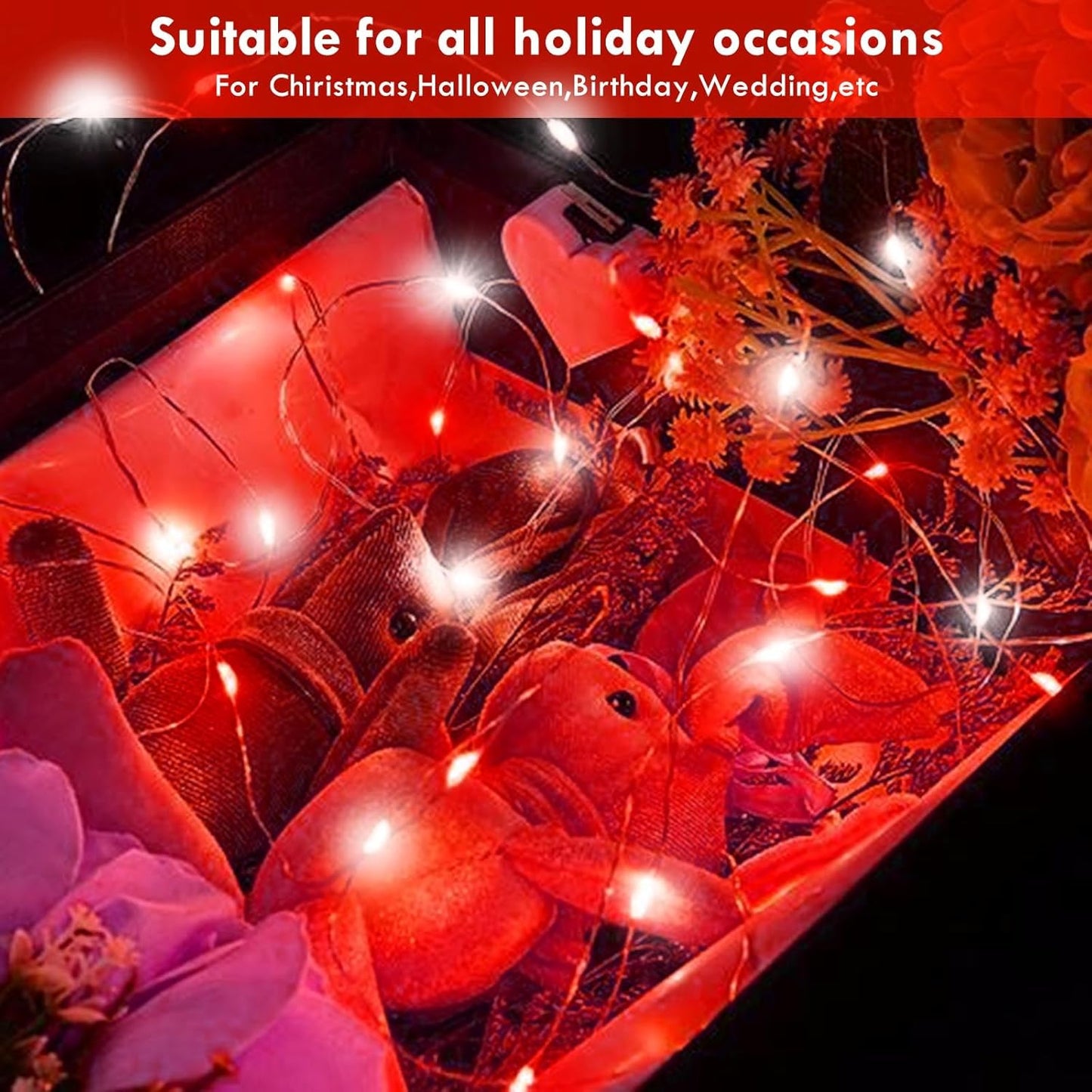 3 Pack Fairy Light Battery Operated with Remote Control Timer, 26 FT 80 LED String Lights Outdoor Indoor, 8 Mode Twinkle Lights for Christmas Party Wedding Birthday Bedroom Decoration (Red and White)
