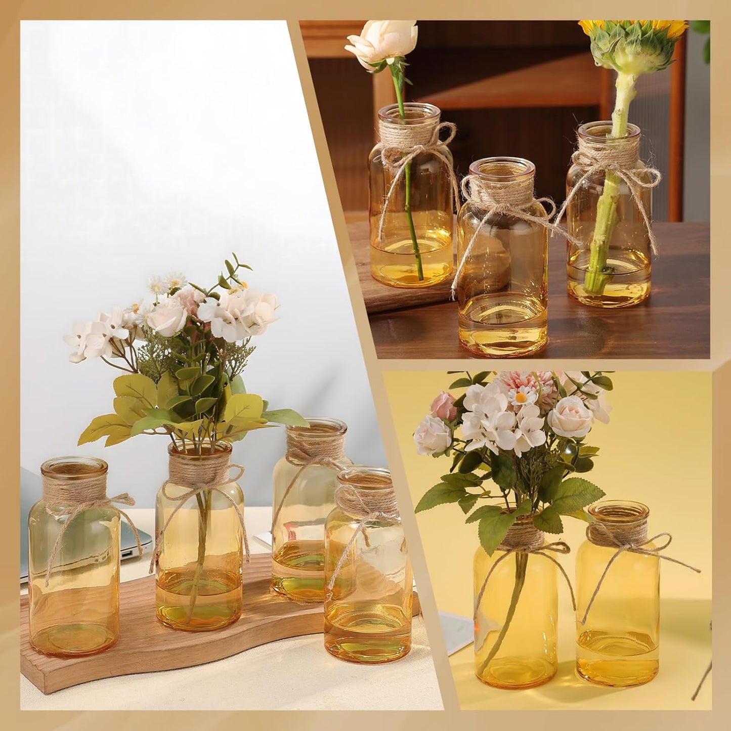 Gold Vases for Centerpieces Set of 12, Mason Jars Boho Cylinder Bud Vases in Bulk, Flower Glasses for Weddings Parties Vintage Home Decor