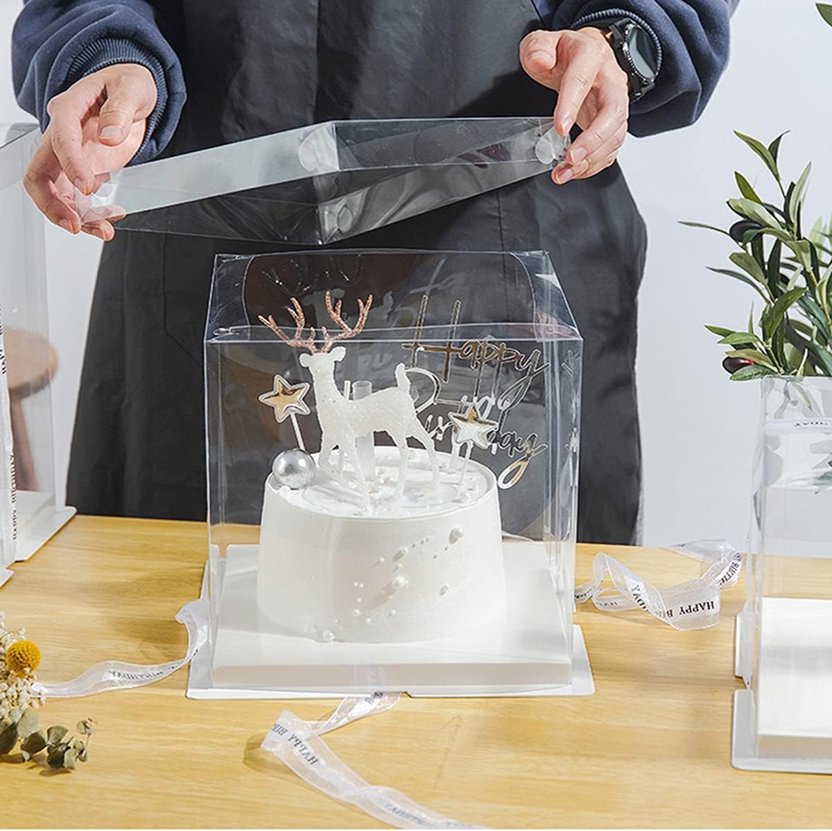 XININSUN 10 inch Clear cake Box, Large Transparent cake Box,tall cake boxes with Ribbon,10x10x9inch - Suitable for packing 8" or 10" cakes,Clear Gift Display Box for Carry Tall Layer Gift-6Pcs-White