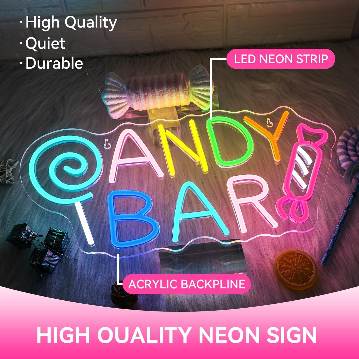ineonlife Candy Bar Neon Sign Lollipop Neon Signs For Wall Decor Candy Decor Led Lights Birthday Party Teen Bedroom Candy Shop Lollipop Store Halloween Decorations Gifts USB Powered 16.54x7.68in