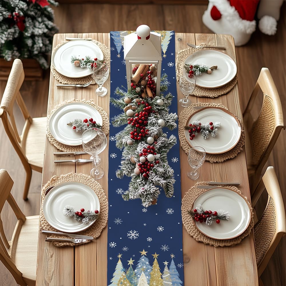 GEEORY Christmas Table Runner 13x120 Inch, Xmas Trees Snowflakes Holiday Decorative Farmhouse Table Decoration for Kitchen Dinning, Indoor Outdoor Dinner Party Decor (Blue) GT151-120N