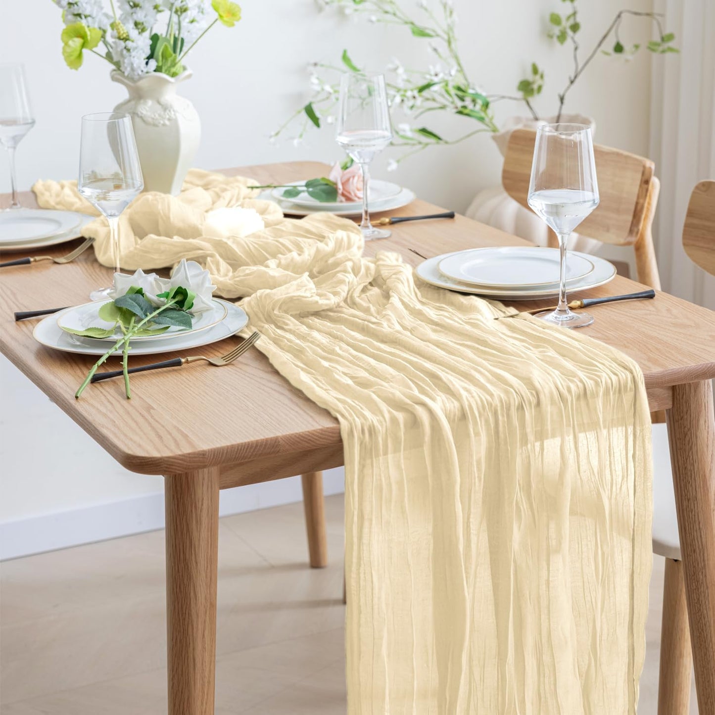 Asee'm 6pcs Cheesecloth Table Runner 120 Inches Long Beige Boho Gauze Cheese Cloth Runner 10FT Rustic Sheer Table Runners for Christmas Wedding Party Baby Shower Spring Easter Decoration
