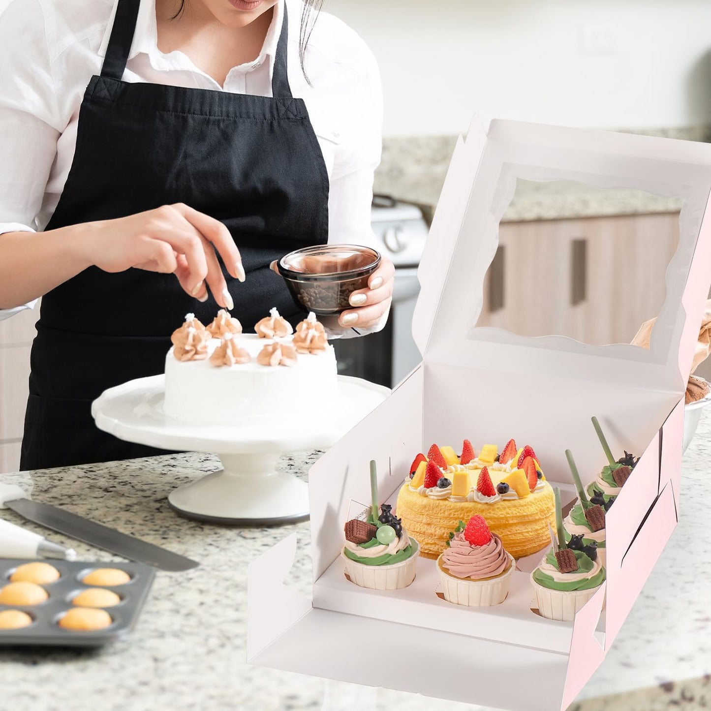 JCD 8 Packs Pink Bento Cake and Cupcake Box 1+5 Bento Box with Clear Window Fit 5 Cupcakes and 1 Mini Cake for Packaging Gift Baked Goods (Pink 1+5/8Pcs)