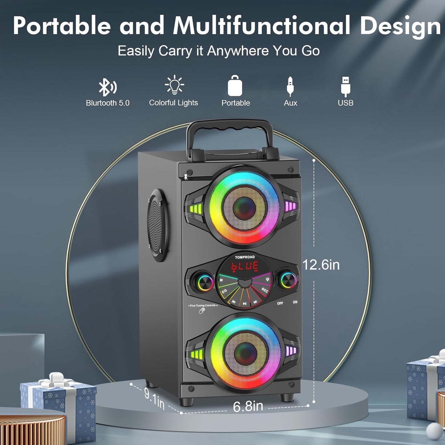 Portable Bluetooth Speakers 60W Big Powerful Wireless Loud Stereo Bass Sound Boombox Home Party Speaker with Subwoofer, FM Radio, LED Colorful Lights