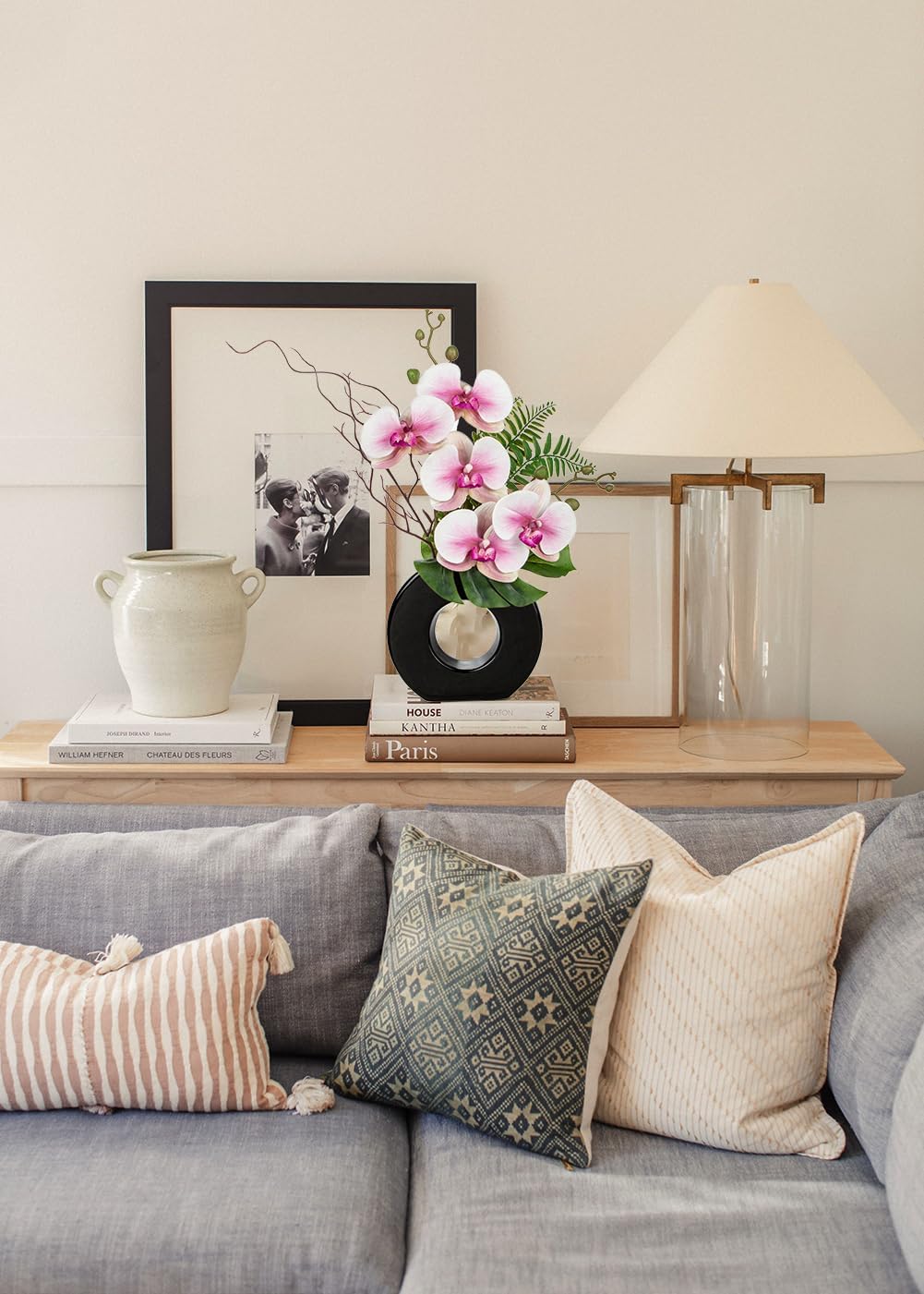 Briful Pink Orchid Fake Flowers with Vase, 16.1'' Artificial Orchid Silk Flowers Faux Orchid Arrangement for Home Office Dining Room Table Centerpiece Modern Decoration