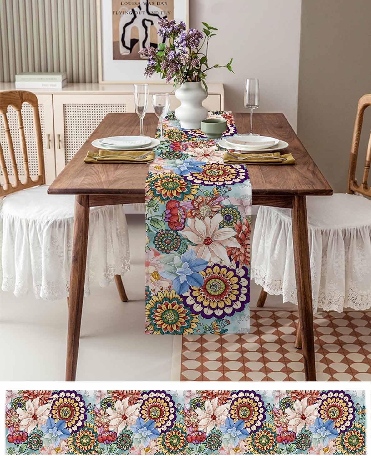 Boho Flowers Cotton Linen Table Runner for Dining Kitchen, Wedding Outdoor Party Tablerunners Decoration, Colorful Floral Farm Vintage Botanical Dresser Scarf Coffee Tablecloth Runners 13x90 Inches