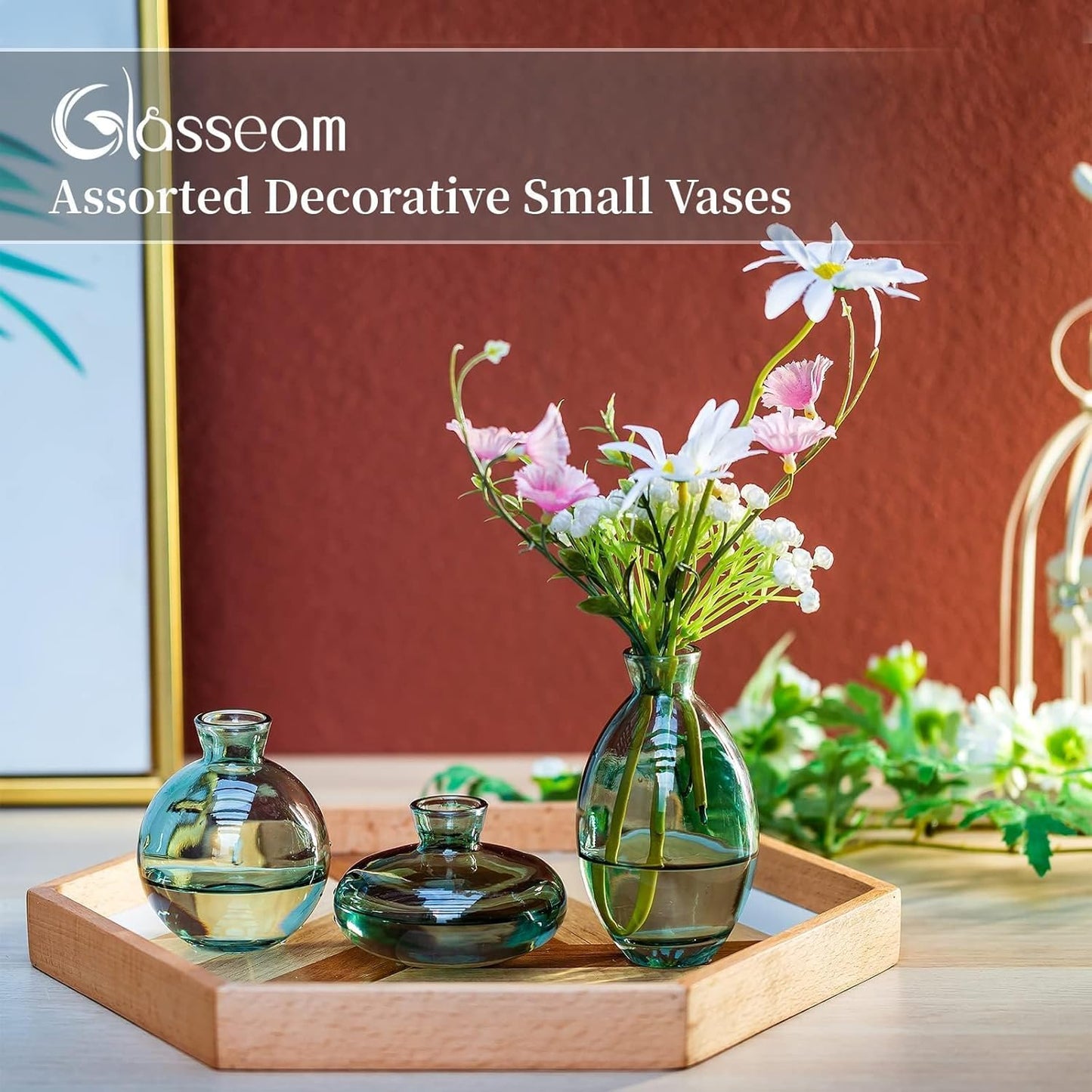 Bud Vases 3Pcs/Set Small Vases Handmade Cute Green Small Vases for Flowers Centerpieces Glass Vases Mini Vase Home Decor Centerpieces, Events Table Decor