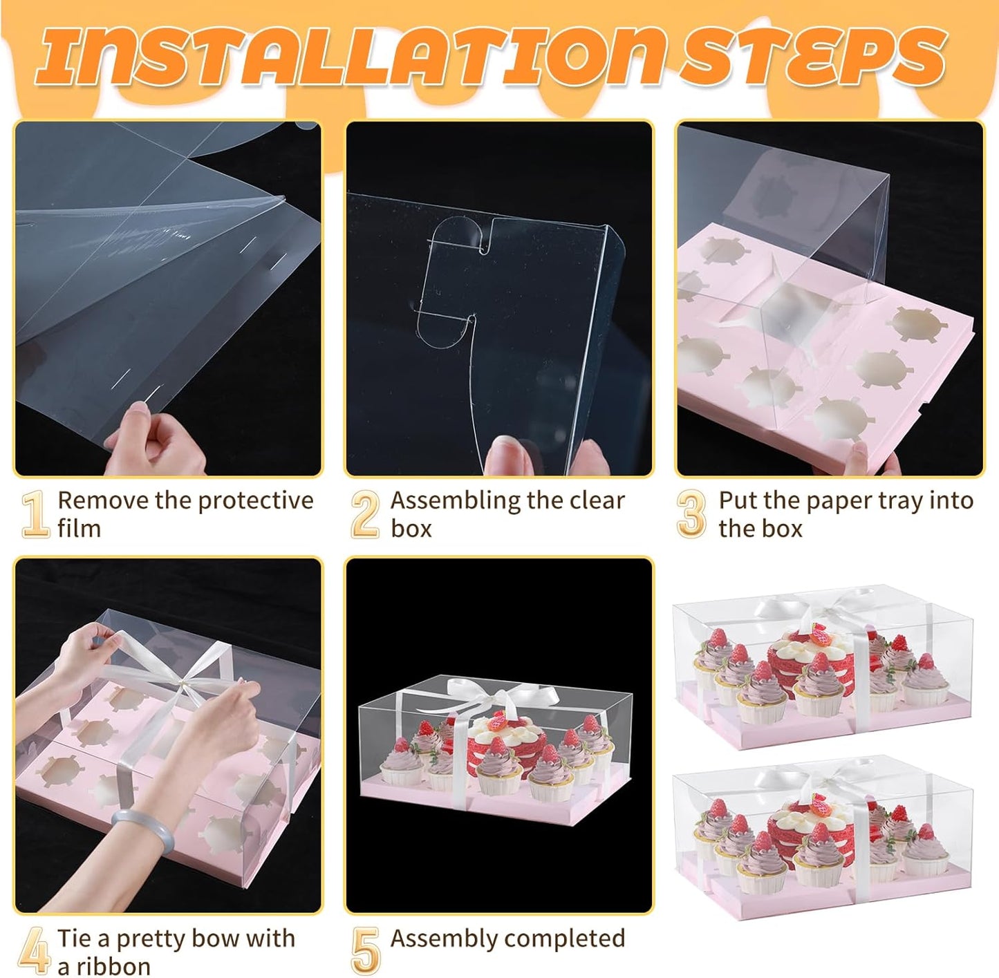 JCD 3 Pcs Pink Cake and Cupcake Combo Bento Boxes with Clear Lid Fit 8 Cupcake and 1 Mini Cake for Valentine Wedding Birthday Party Bakery Supplies(Pink 1+8/3Pcs)