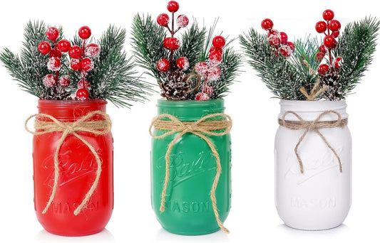 CNVOILA Christmas Centerpiece 3PC Set: Mason Jars, Table Decorations, Home & Coffee Table Decor