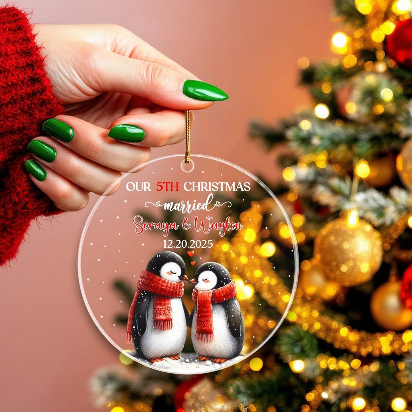 Our 5TH Christmas Married Ornament 2025, Customized Date & Name Mr & Mrs Penguin Xmas Ornament Gift for Married Couple, Personalized Mr & Mrs Penguin Marriage Ornaments for 5th Anniversary Together