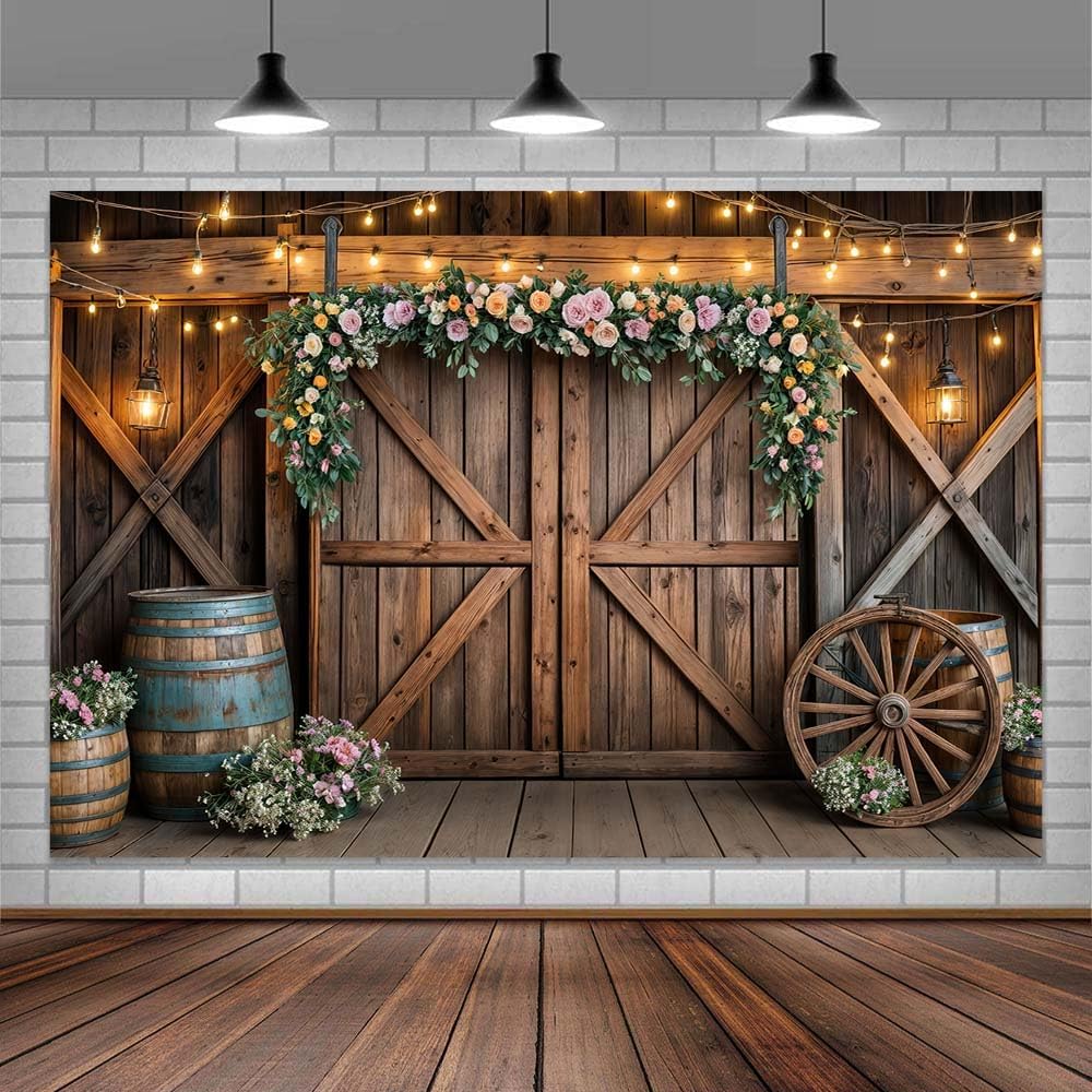 8x6ft Country Wedding Photography Backdrop Rustic Barn Door Photography Backdrop Farmhouse Pink Flower Cabin Wooden Birthday Baby Shower Wedding Bridal Party Banner Photo Booth Props Background