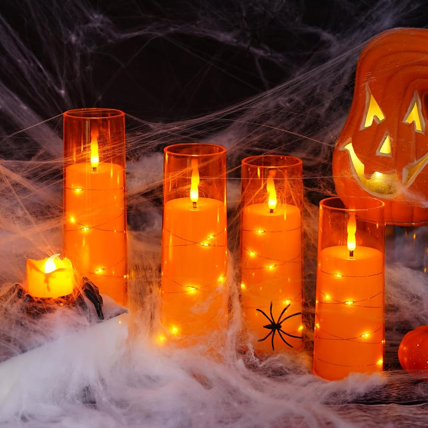 Flameless LED Candles with Timer 9 Pc Flickering Flameless Candles for Romantic Ambiance and Home Decoration Stable Acrylic Shell,with Embedded Star String，Battery Operated Candles（Orange）