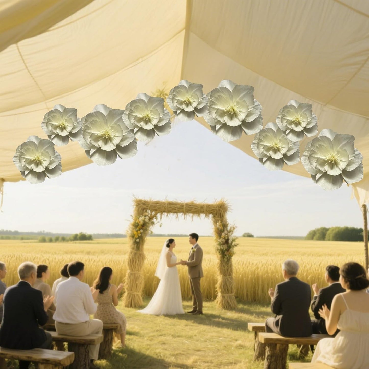 BRT Bearingshui Crepe Paper Flowers Decoration for Wall Total 9 Pcs, Artificial Flowers for Wedding Decor,Flower Backdrop Decor, Baby Bridal Shower Birthday Party, Cream 3D Wall Flowers Decor