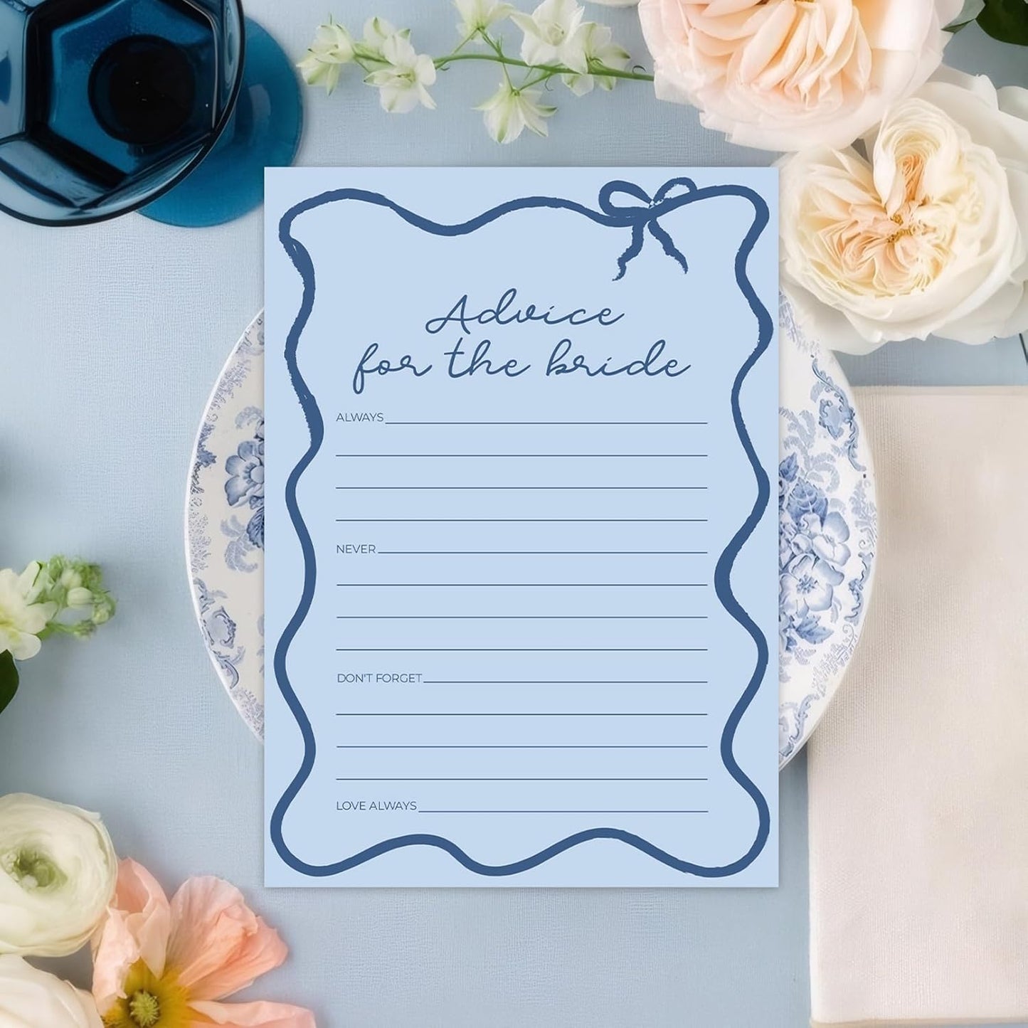 DEEKA 30 PCS Bridal Shower Games Card for 30 Guests Blue Wavy Border Ribbon Bow Funny Wedding Bachelorette Party Games for Reception (Advice for The Bride)
