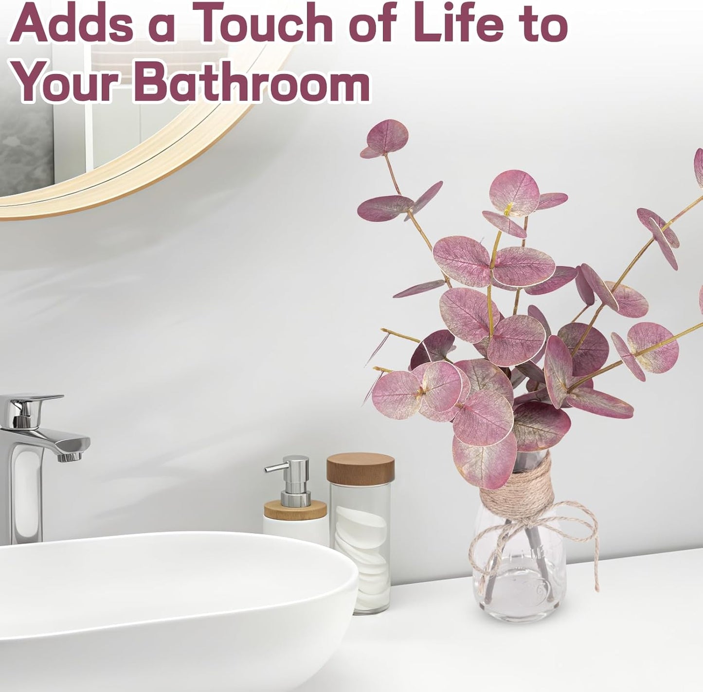 Artificial Eucalyptus Stems in Glass Vase with Faux Water, 15" Small Bathroom Greenery with Double-Sided Red Leaves, Farmhouse Office Decor, Realistic Fake Plant Wedding Centerpiece