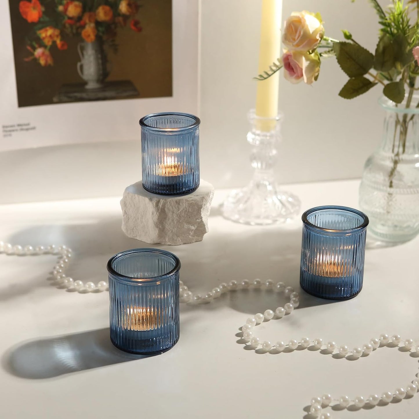 36pcs Votive Candle Holders, Blue Glass Votives Ribbed Tea Light Candle Holders Bulk for Baby Shower, Tea Lights Candles Holder for Home Party Wedding Decoration & Gift