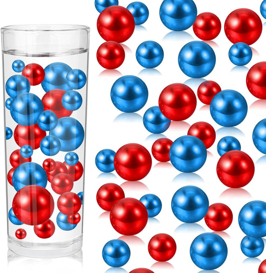 100PCS Red Blue Faux Pearls Beads for Centerpiece Vases, Vase Filler Faux Pearls, No Holes Filler Beads for Independence Day Party Anniversary Fourth of July Table Decor, 14/20/30mm