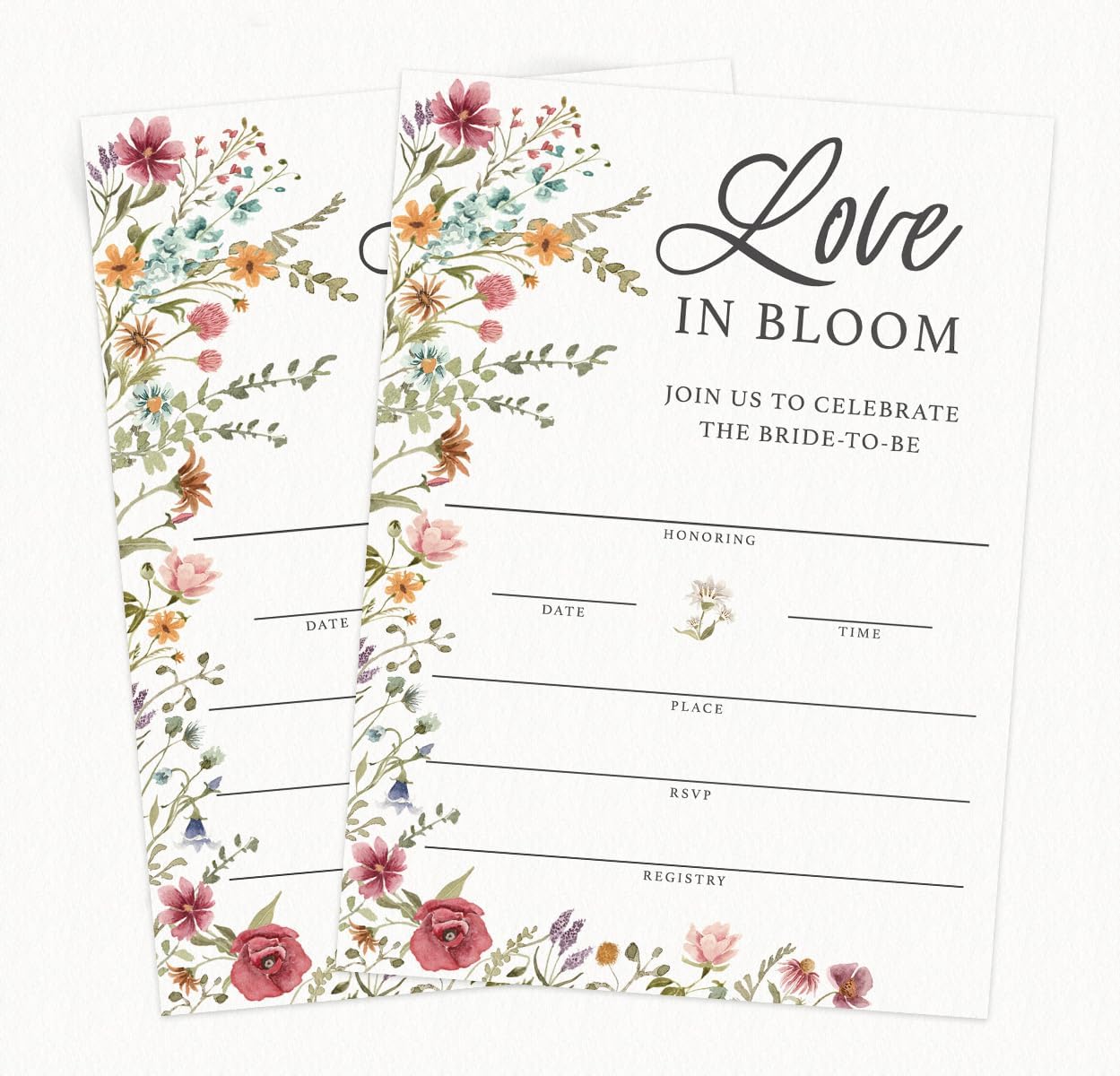Printed Party Bridal Shower Invitations and Envelopes, Wildflower Theme, Love In Bloom Design, Set of 30