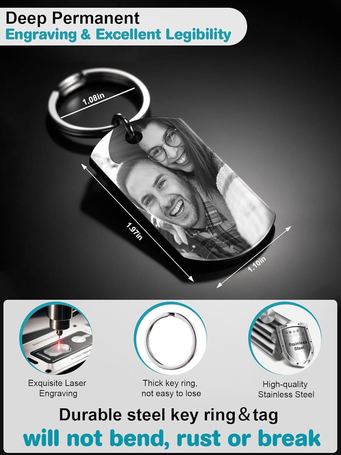 Custom Keychain with Picture - Personalized Photo LOGO Text Customized Key Chain for Boyfriend Dad Men Gifts