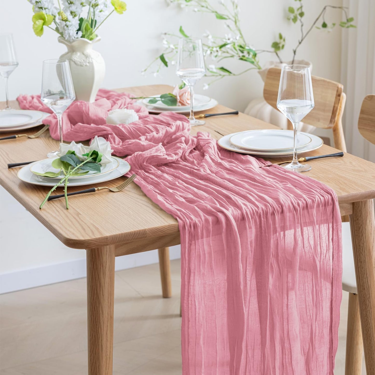 Asee'm 3pcs Cheesecloth Table Runner 120 Inches Long Pink Boho Gauze Cheese Cloth Runner 10FT Rustic Sheer Table Runners for Christmas Wedding Party Baby Shower Spring Easter Decoration