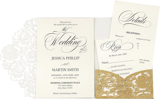 DORIS HOME 50pcs Laser Cut Wedding Invitation Pockets with Envelopes Gold Glitter, 5.12" x 7.12"Invitation Cards for Wedding, Anniversary (No Inserts Included)