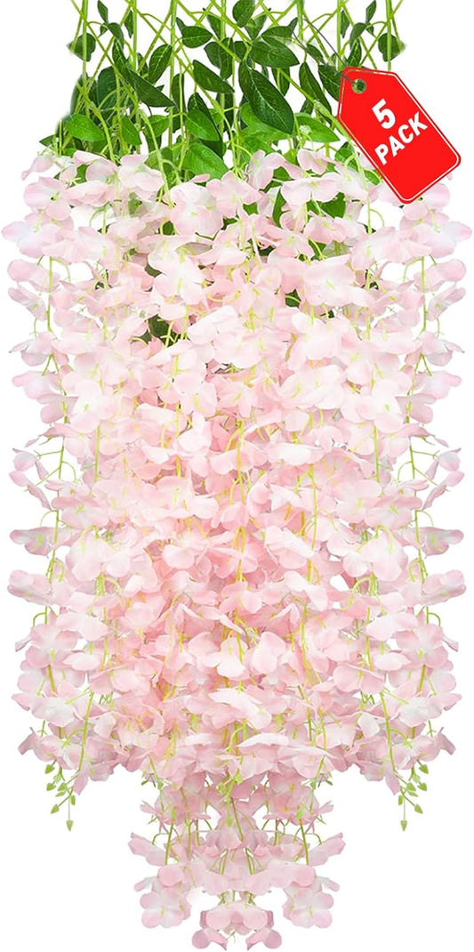 5 Pack Light Pink Wisteria Hanging Flowers, 3.44 Ft Fake Hanging Flowers, Artificial Wisteria Garland Vines for Wedding Room Backdrop Outdoor Patio Garden Decoration