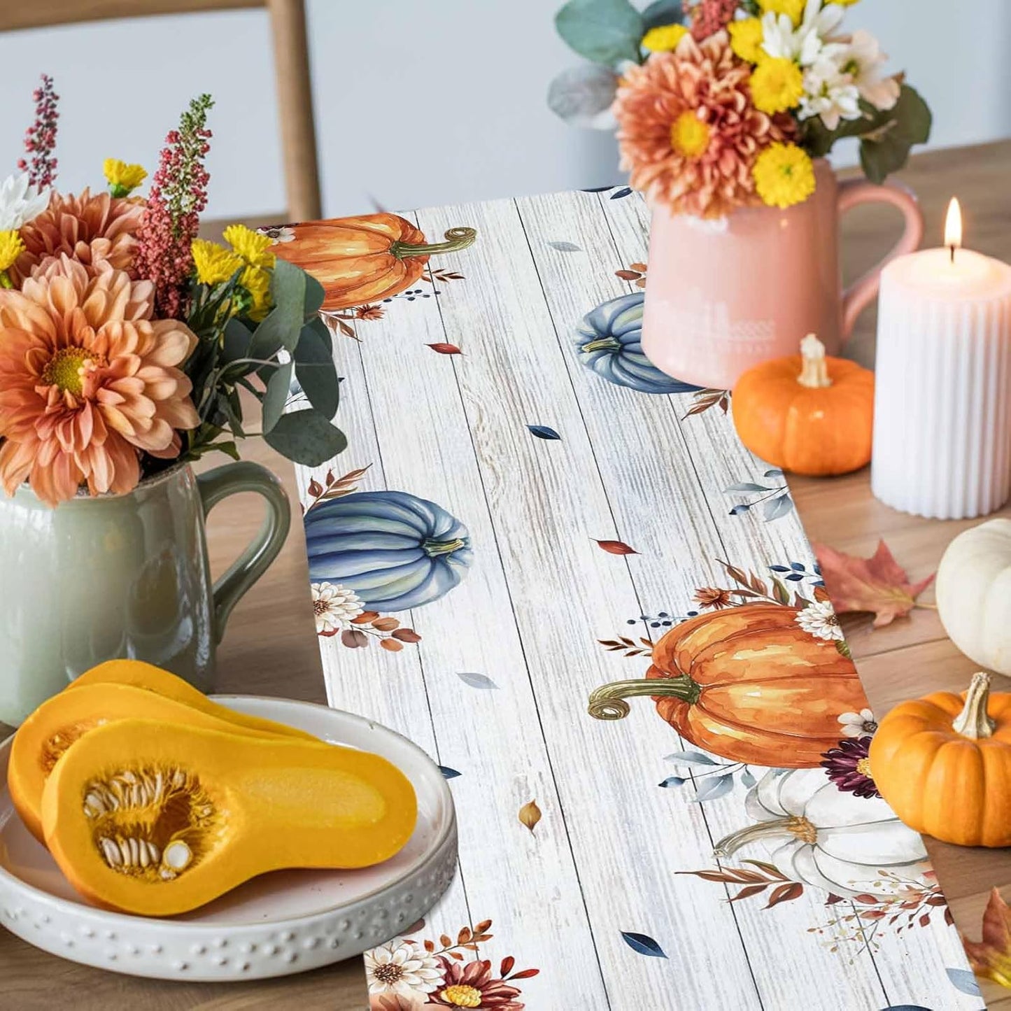 Thanksgiving Fall Cotton Linen Table Runner for Dining Kitchen, Pumpkins Eucalyptus Wedding Outdoor Party Tablerunners Decoration Farmhouse Wooden Dresser Scarf Coffee Tablecloth Runners 13x108 Inches