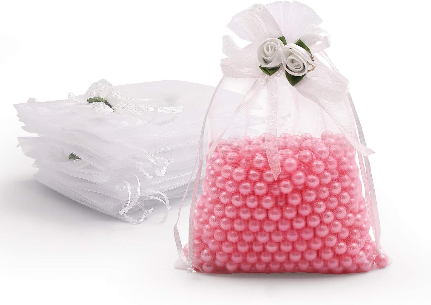 SumDirect Rose Organza Gift Bags - 50Pcs 5x7 inch White Wedding Favor Gift Bags, Jewelry Pouches with Drawstring for Party Wedding Christmas Valentine