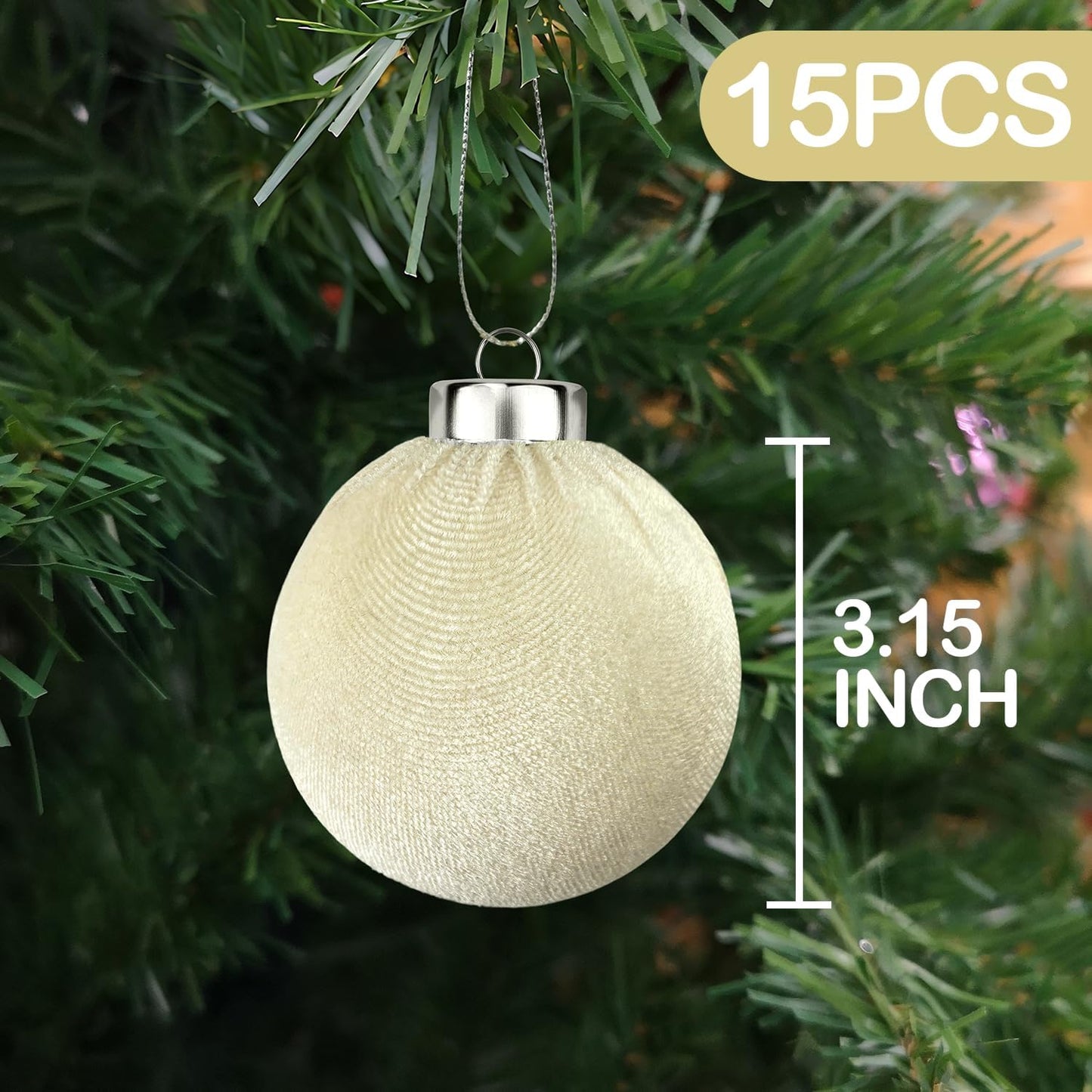 Beige Velvet Christmas Ball Ornaments for Tree 15 PCS, Large Neutral Flocked Christmas Bulbs Ornaments Set, Shatterproof Xmas Hanging Baubles Decorations (Beige, 3.15 Inch)
