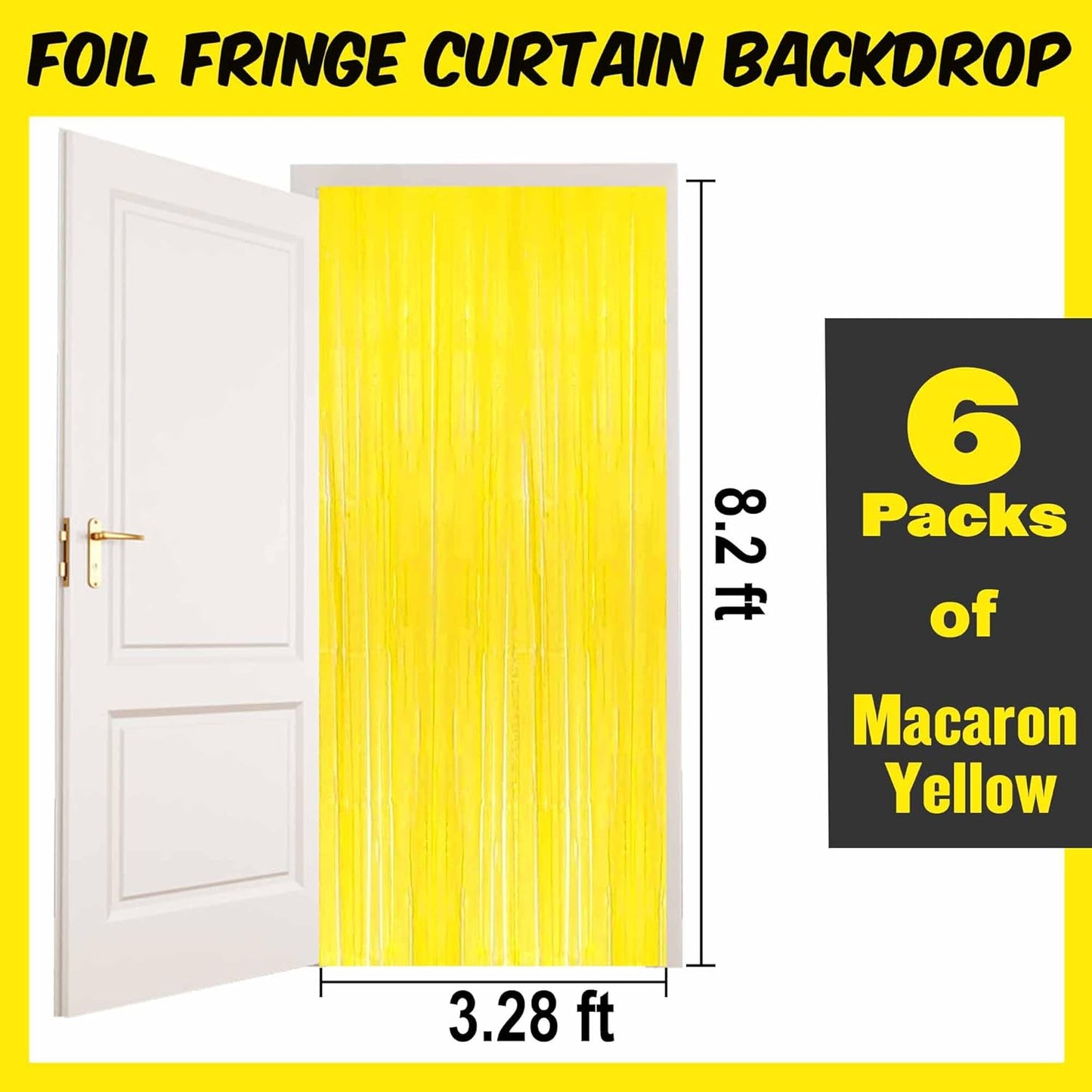 6 Pack Macaron Yellow Foil Fringe Curtains Backdrop, 3.28 x 8.2 Ft Metallic Streamers Tinsel Curtains Background for Photo Booth, Birthday, Weddings, Carnivals, Graduation, Themed Party Decorations