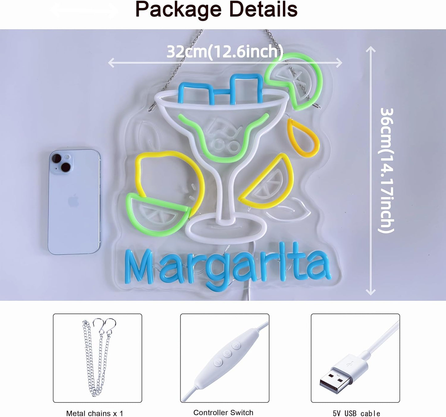 CNBEYOUNG Margarita Neon Sign, Neon Lights Hanging Wall Art Decoration for Restaurants Shop Cocktail Bar Kitchen Party Home Decor, USB - Driven, Super Bright & Adjustable,14.17x 12.6inches