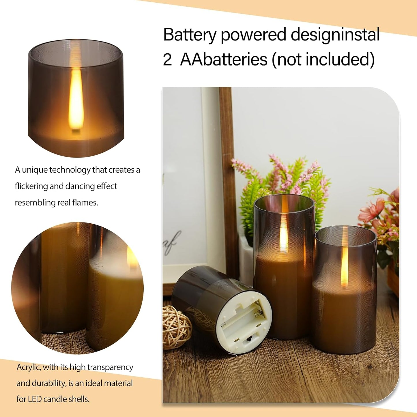 Flameless LED Candles, Upgraded Realistic Flickering Pillar Battery Operated Candles with Remote Timer, Acrylic Electric Set of 2 for Romantic Ambiance and Home Decoration(Grey)