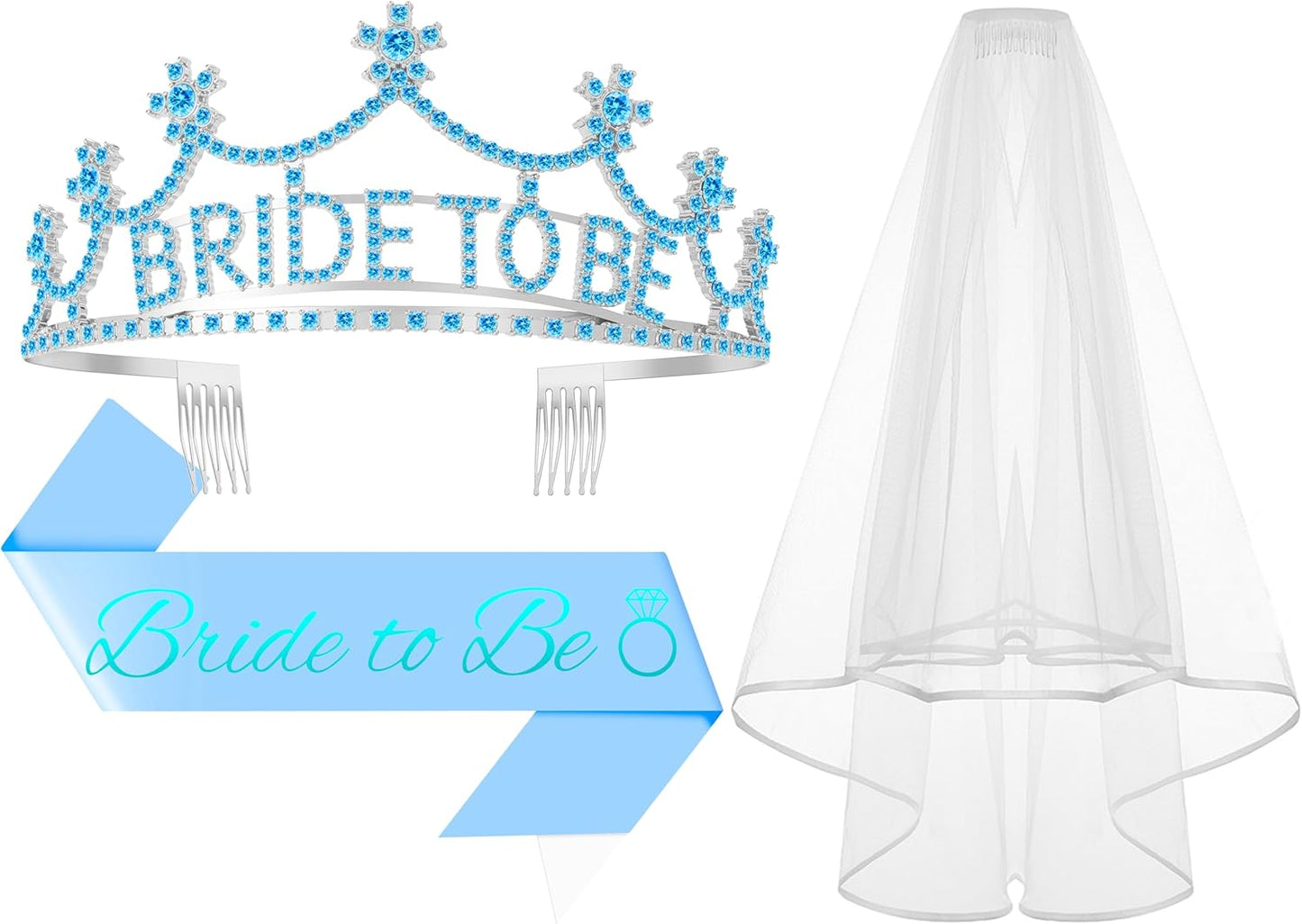 3Pcs Bride to Be Crown with Sash and Veil for Bachelorette Party Decorations，Bridal Shower Accessories for Gift, Favors