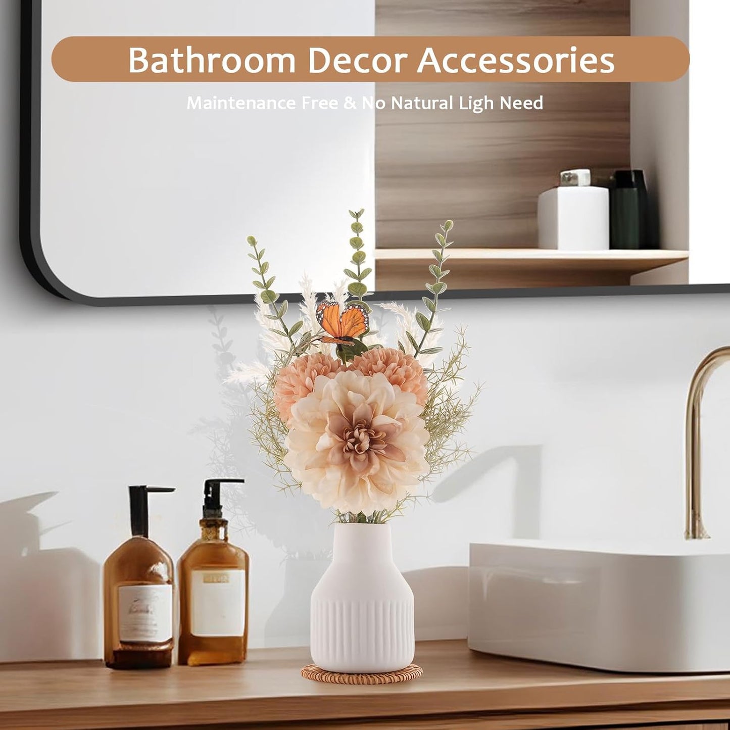 Small Fake Flowers in Vase 14" Centerpiece Table Decorations Silk Flowers Arrangements Ceramic Vase Dahlia Chrysanthemum Artificial Flowers Bouquet for Bathroom Dining Room Kitchen Wedding (White)