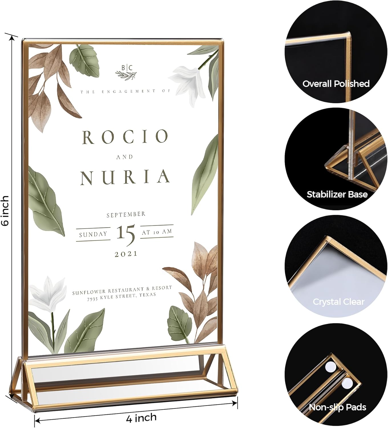12 Pack Acrylic Sign Holder 4x6 Gold Frames, Wedding Table Number Holders Double Sided Vertical Clear Display Stand, Picture Holders for Tables, Menus, Flyers, Party and Office Decor