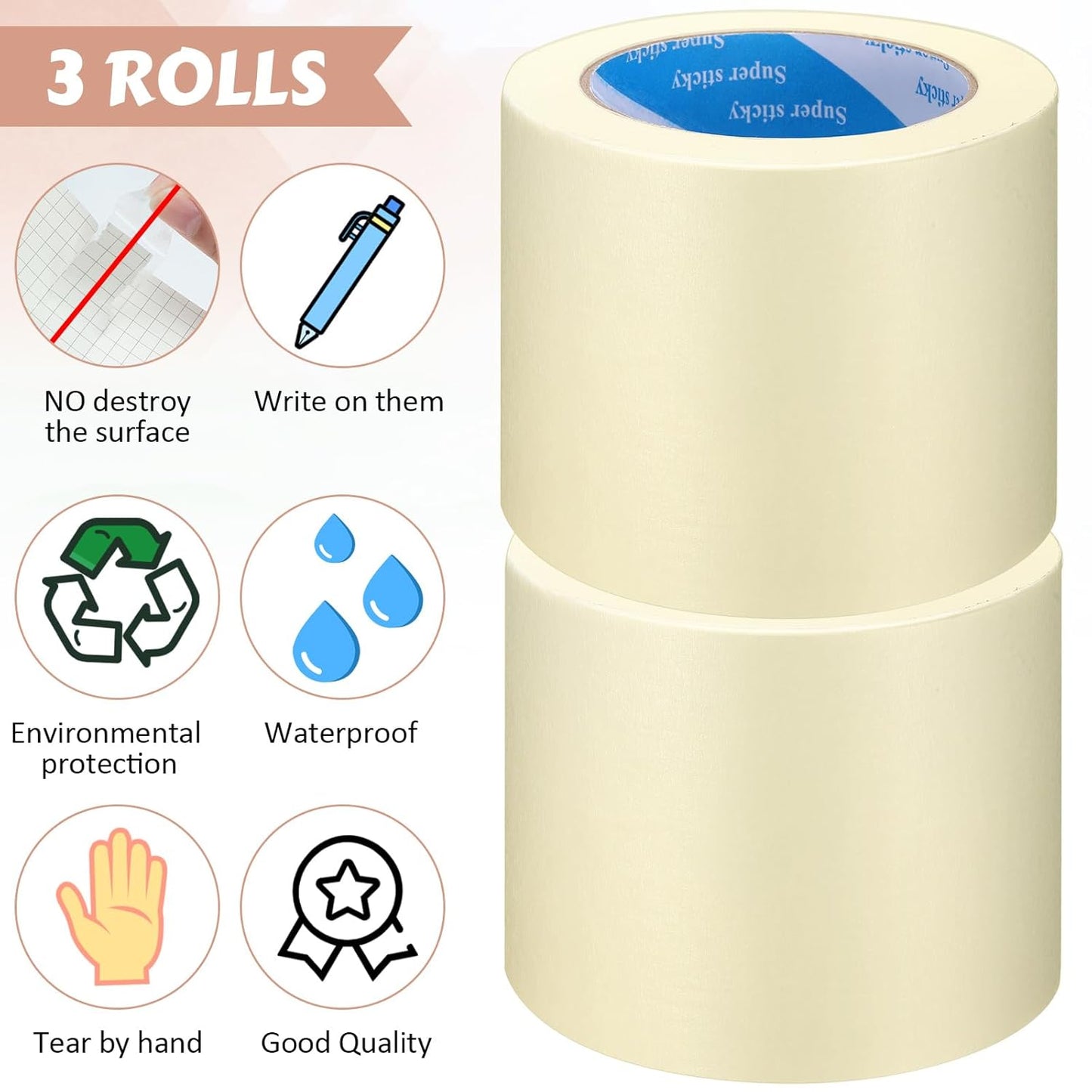 Masking Tape Bulk General Purpose Masking Painting Tape 55 Yards for Painting Home Office School Stationery Arts Crafts Basic Use, Easy Removal(3 Rolls,6 Inch)