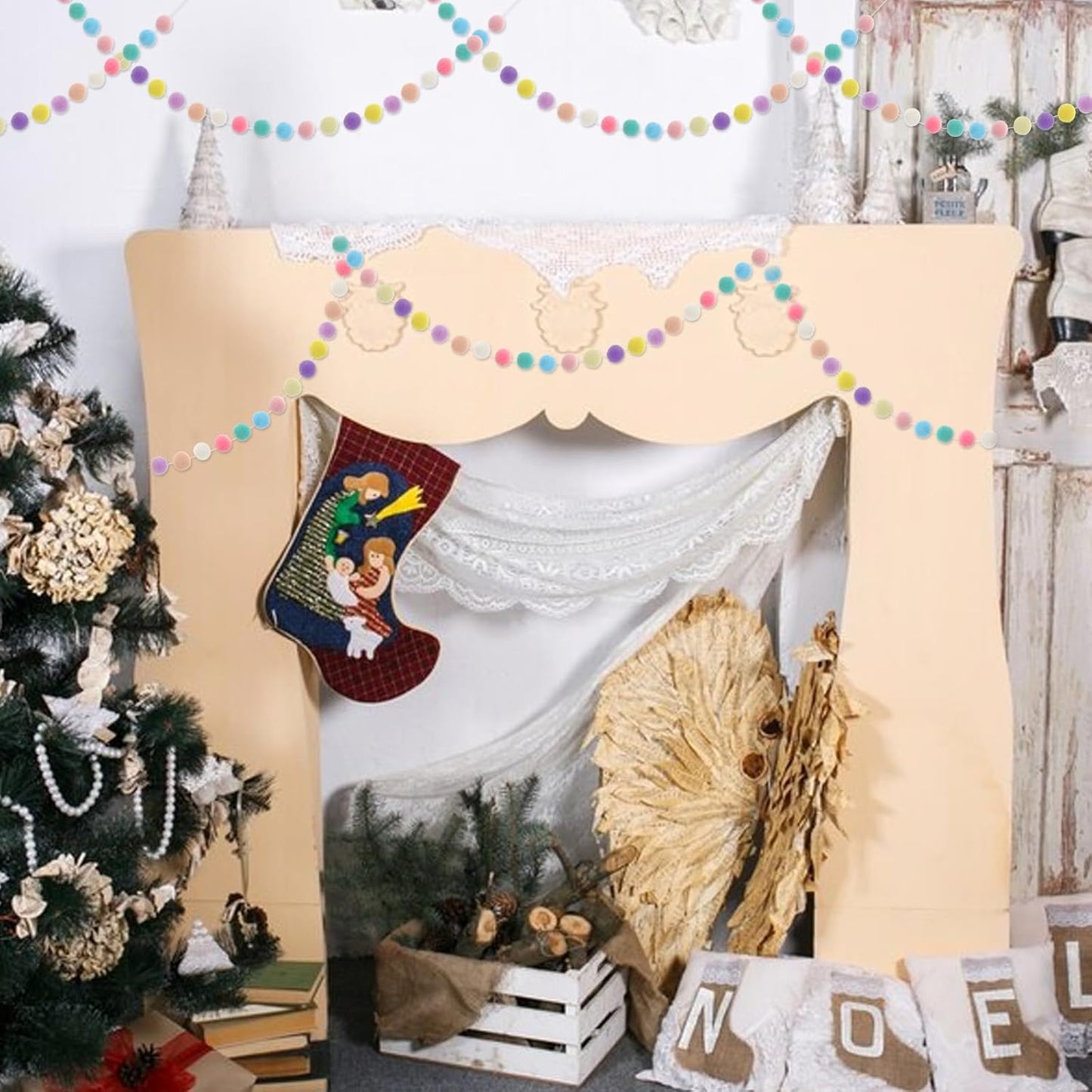 2 Pcs Pom Pom Garland 9.8 Feet 30 Balls Felt Ball Garland Pastel Ball Banner Cute Pompom Decorative Garland Rainbow Colorful Ball Ornament Garland for Wall Christmas Tree Decoration(10 Macaron Colors)