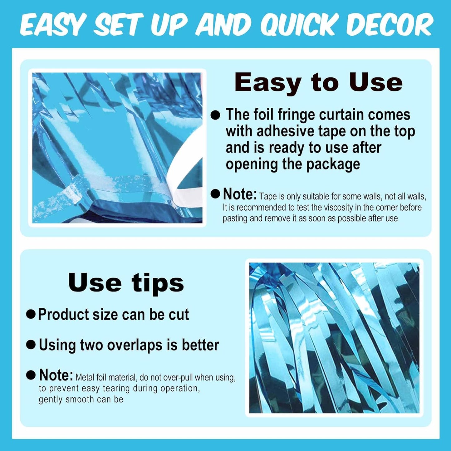 6 Pack Light Blue Foil Fringe Curtains Backdrop, 3.28 x 8.2 Ft Metallic Streamers Tinsel Curtains Background for Photo Booth, Birthday, Weddings, Carnivals, Graduation, Themed Party Decorations