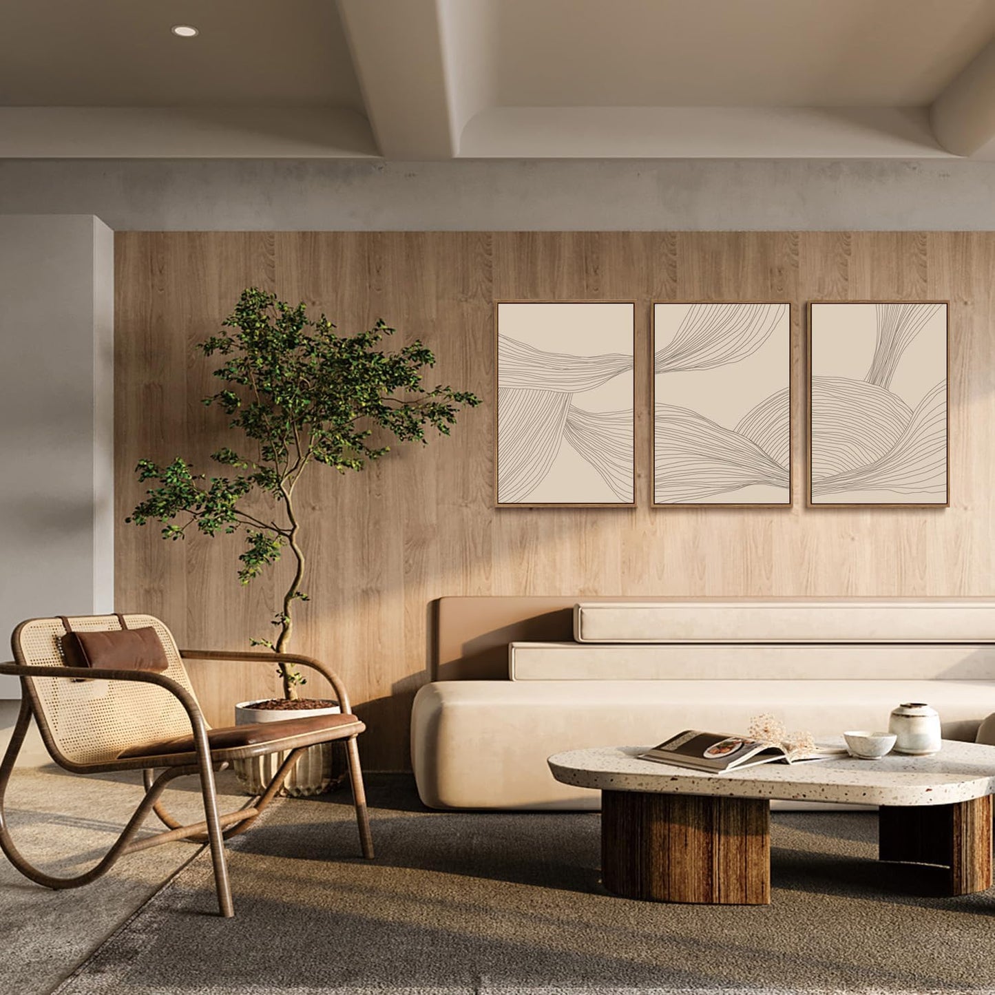 myusuar 3 Piece Large Modern Abstract Canvas Framed Wall Art For Living Room, Beige Minimalist Wall Art Decor Posters Prints For Bedroom Office, 12x16in